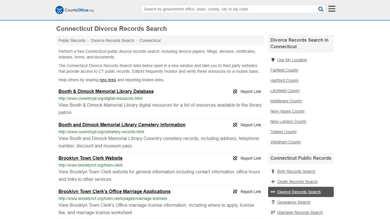 Connecticut Divorce Records Search - County Office